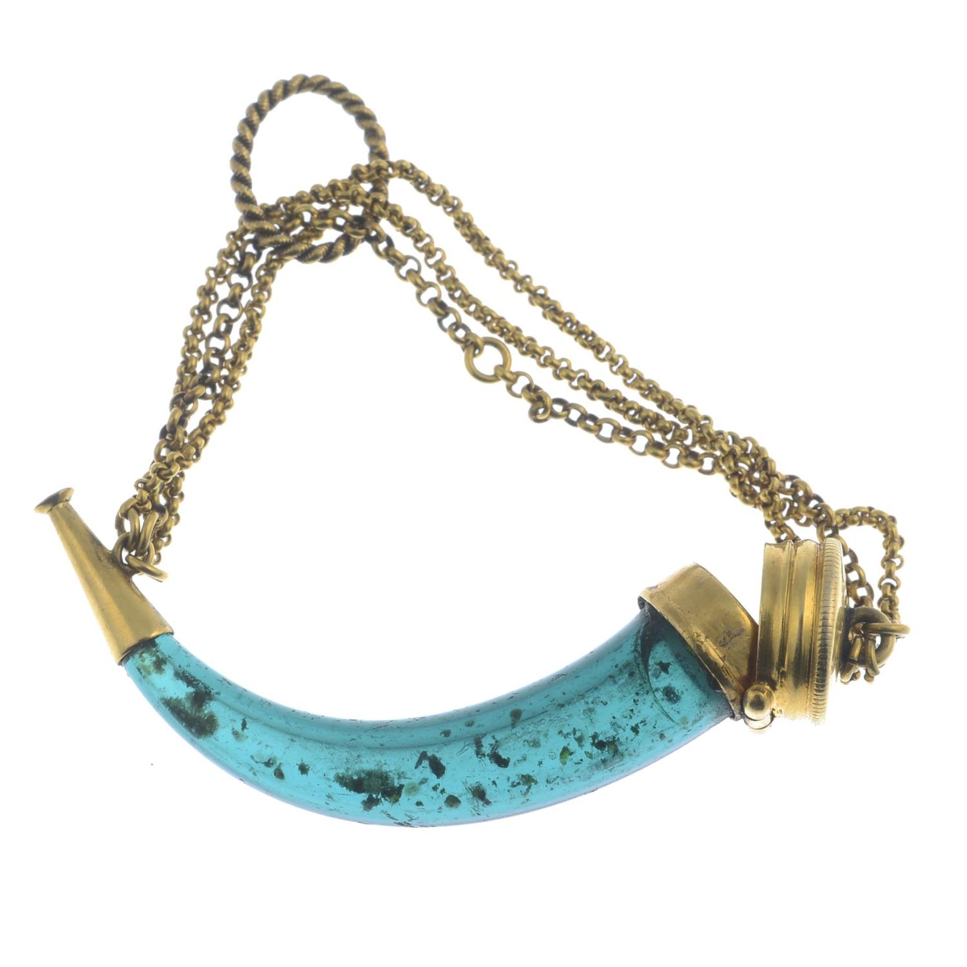 A late Georgian gold and glass hinged scent bottle pendant, modelled as a horn.Length 3.5cms. - Image 2 of 2