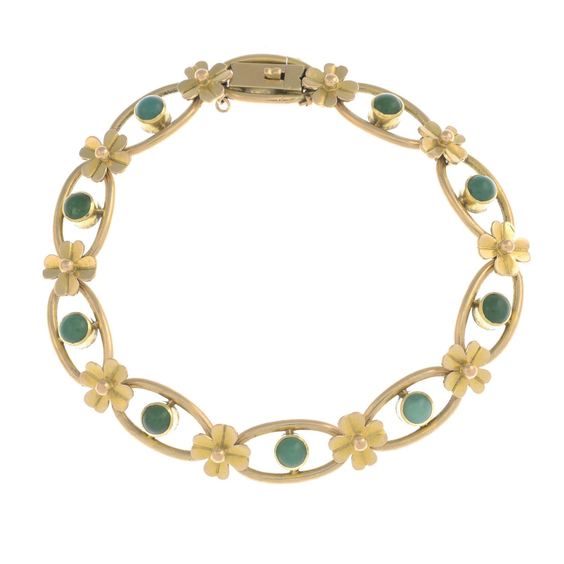 An early 20th century 15ct gold turquoise floral bracelet.