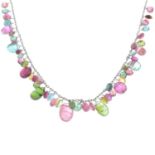 A vari-hue tourmaline necklace.Tourmalines include pink,