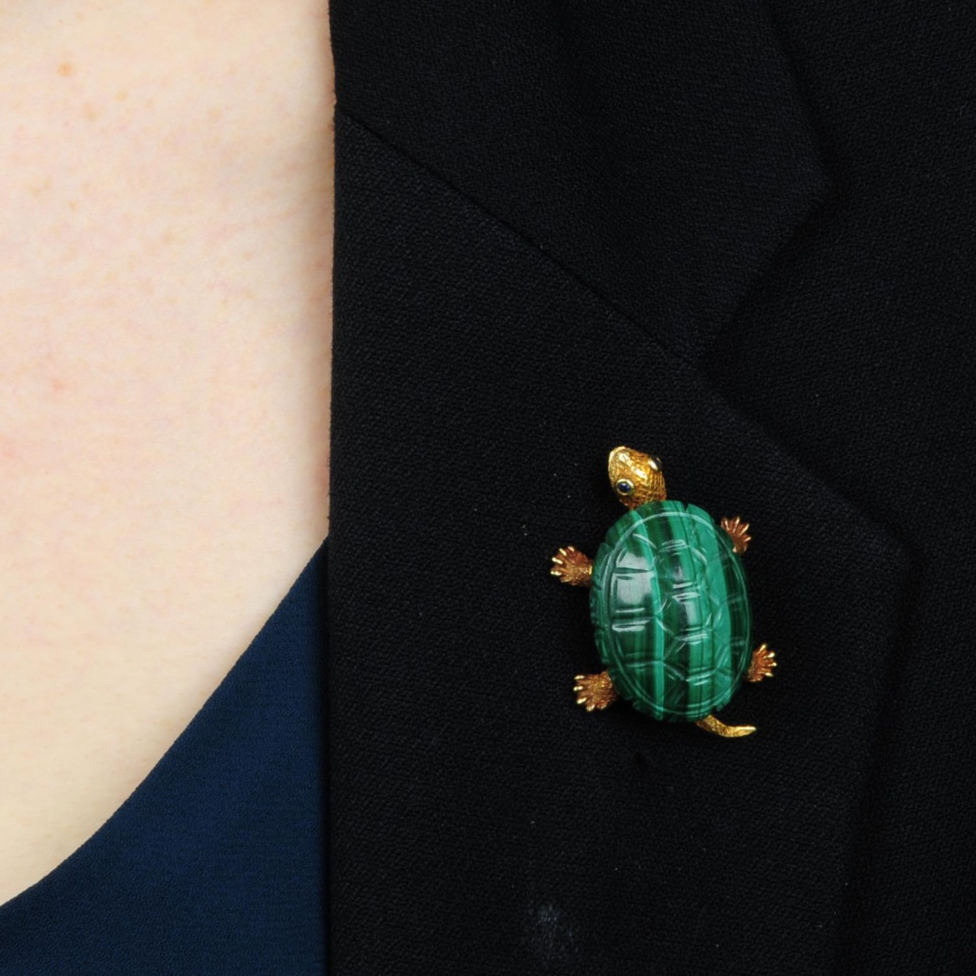 A mid 20th century gold malachite tortoise brooch, with sapphire eyes.Stamped 18K. - Image 3 of 5