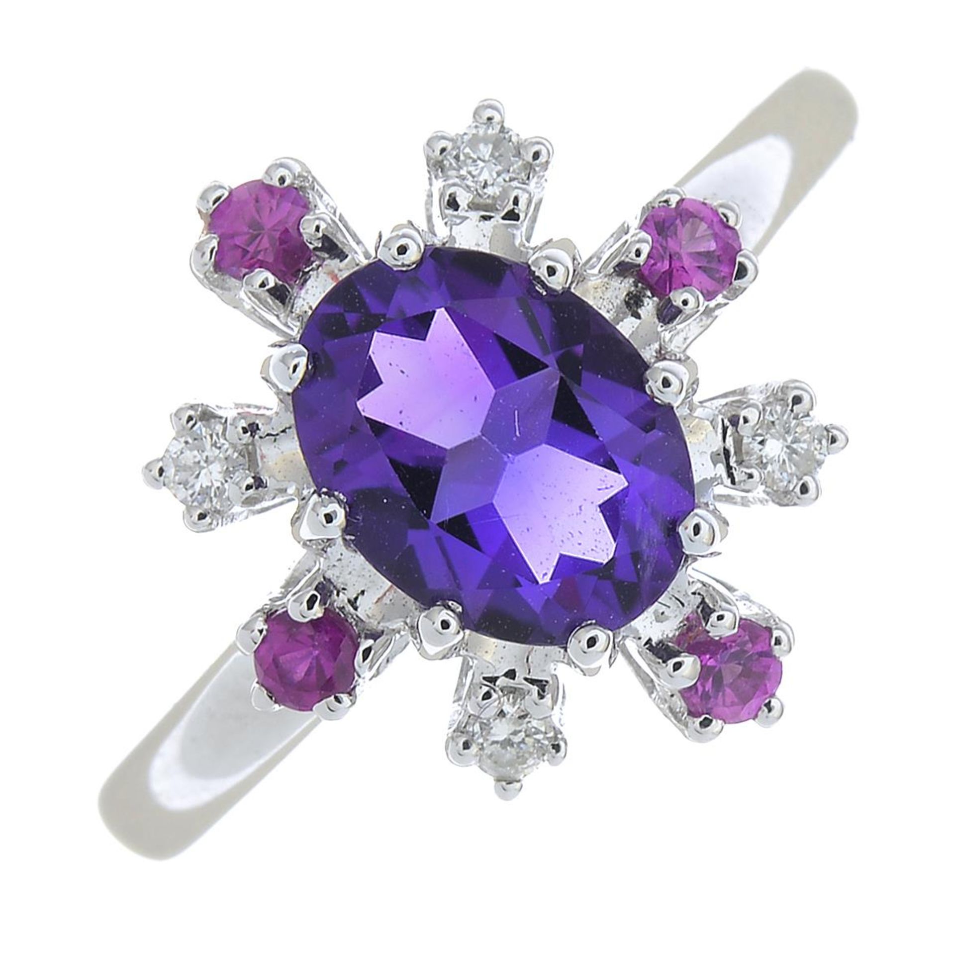 An 18ct gold amethyst, ruby and brilliant-cut diamond cluster ring.