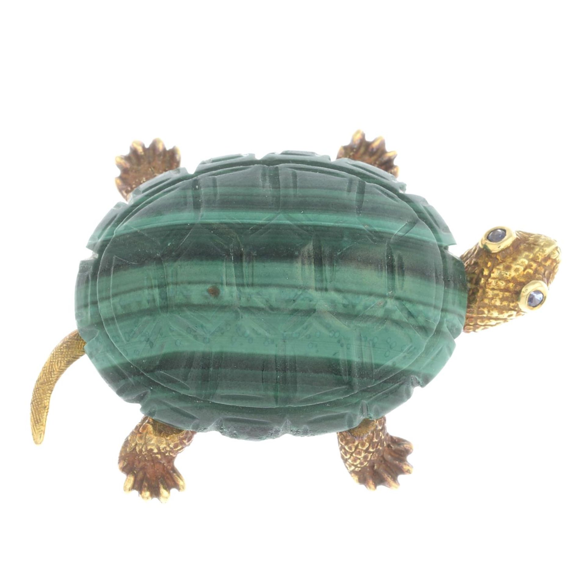 A mid 20th century gold malachite tortoise brooch, with sapphire eyes.Stamped 18K. - Image 5 of 5