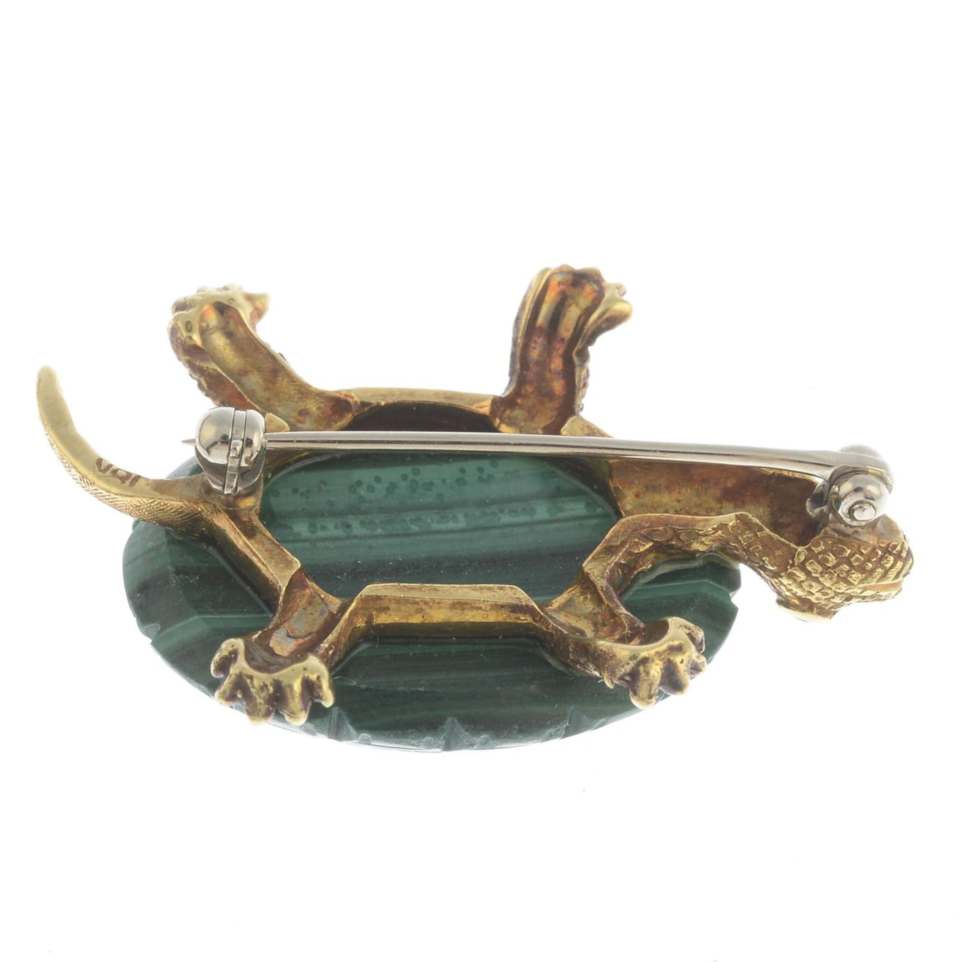 A mid 20th century gold malachite tortoise brooch, with sapphire eyes.Stamped 18K. - Image 2 of 5