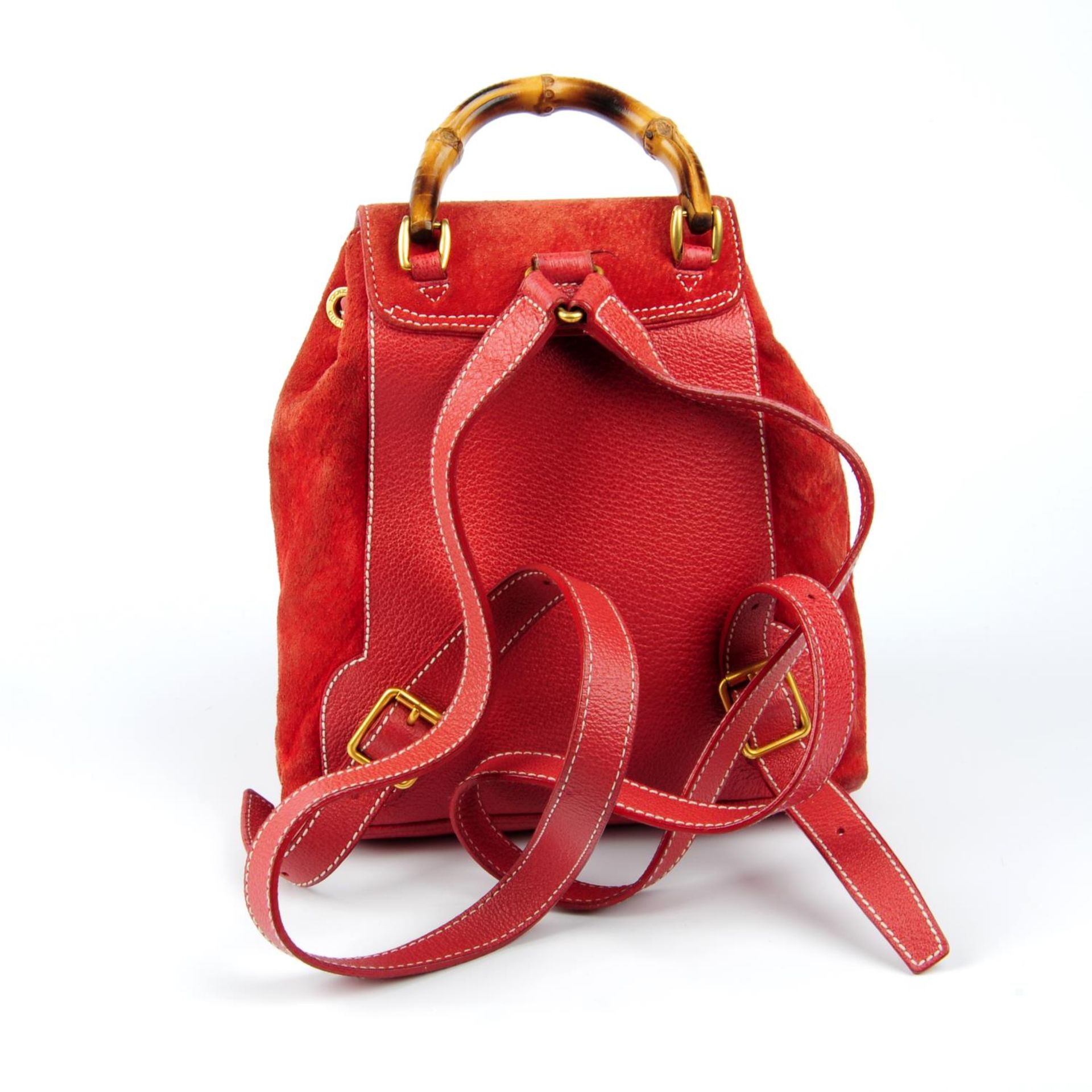 GUCCI - a red suede and leather bamboo backpack. - Bild 2 aus 7