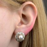 A pair of cultured pearl and old-cut diamond earrings.Estimated total diamond weight 6cts,