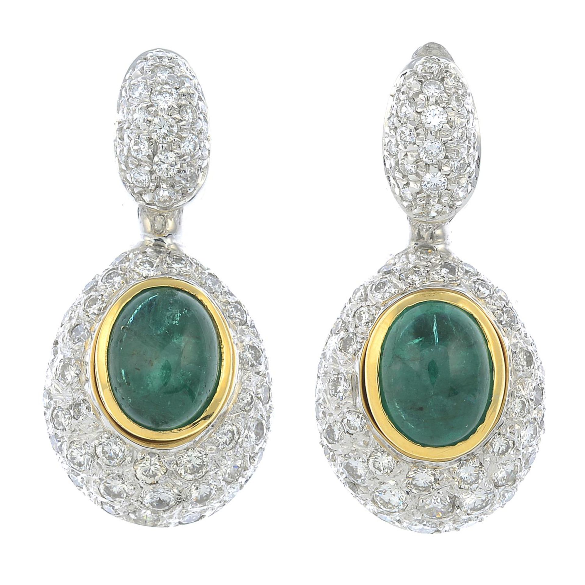 A pair of emerald cabochon and pave-set diamond earrings.Estimated total diamond weight 2cts, - Bild 3 aus 3