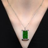 A carved jade and brilliant-cut diamond pierced box pendant,