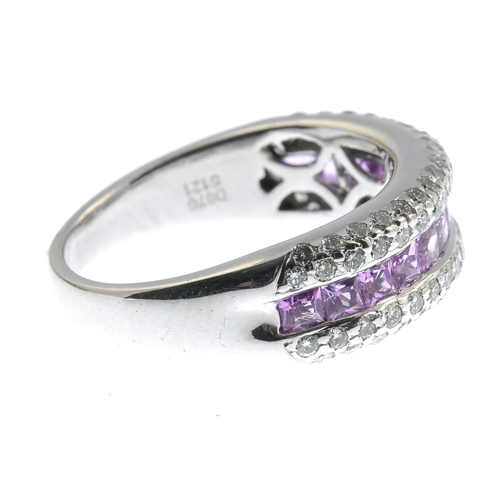 An 18ct gold square-shape pink sapphire half eternity ring, with pave-set diamond sides. - Image 3 of 5