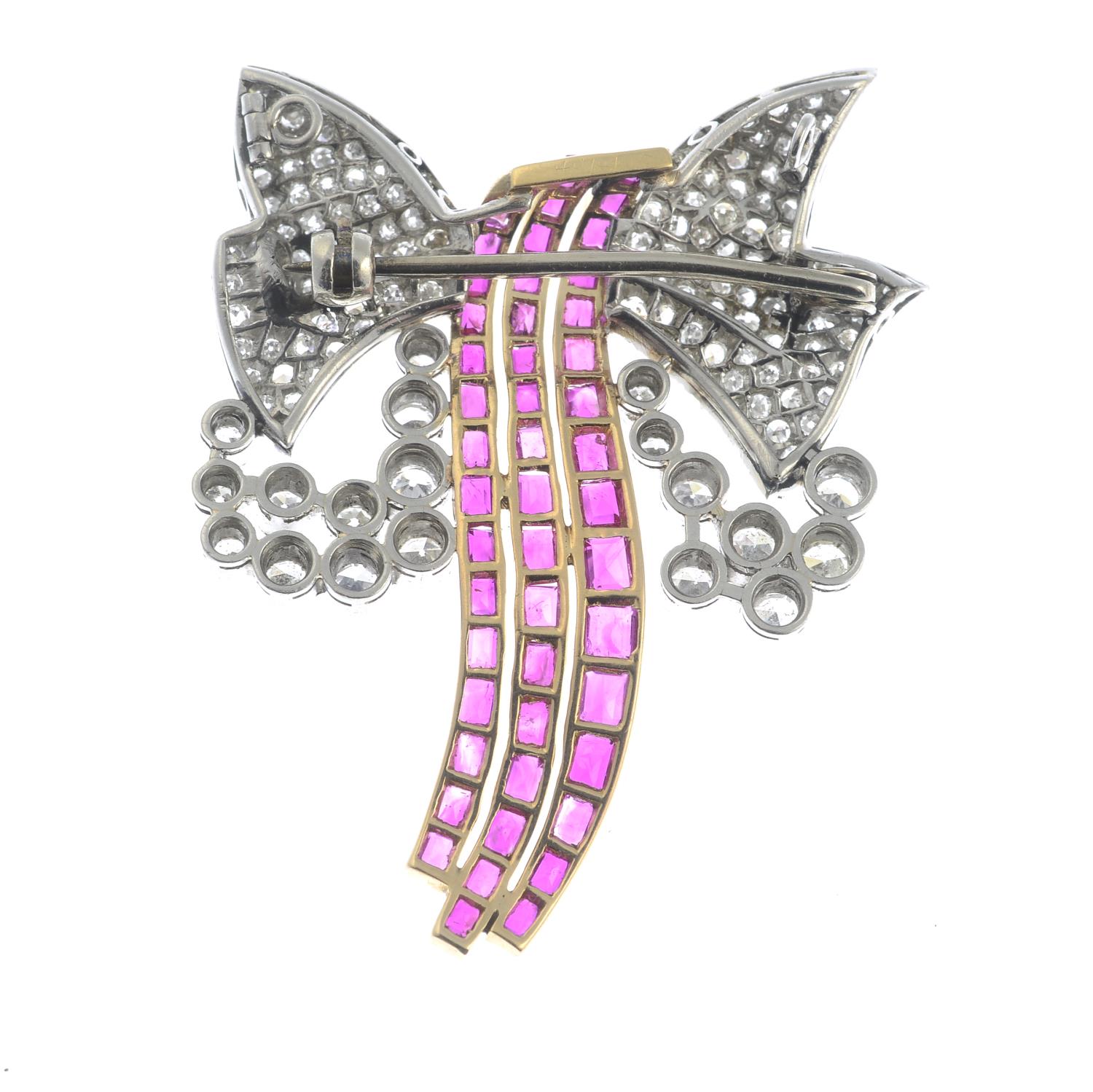 A mid 20th century platinum and 18ct gold ruby and diamond bow brooch.May be worn as a - Image 2 of 4
