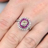 An old-cut diamond, calibre-cut ruby and brilliant-cut diamond cluster ring.