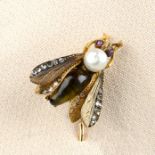 A late Victorian gold, pearl, tiger's-eye, diamond and ruby fly stickpin.French assay mark.