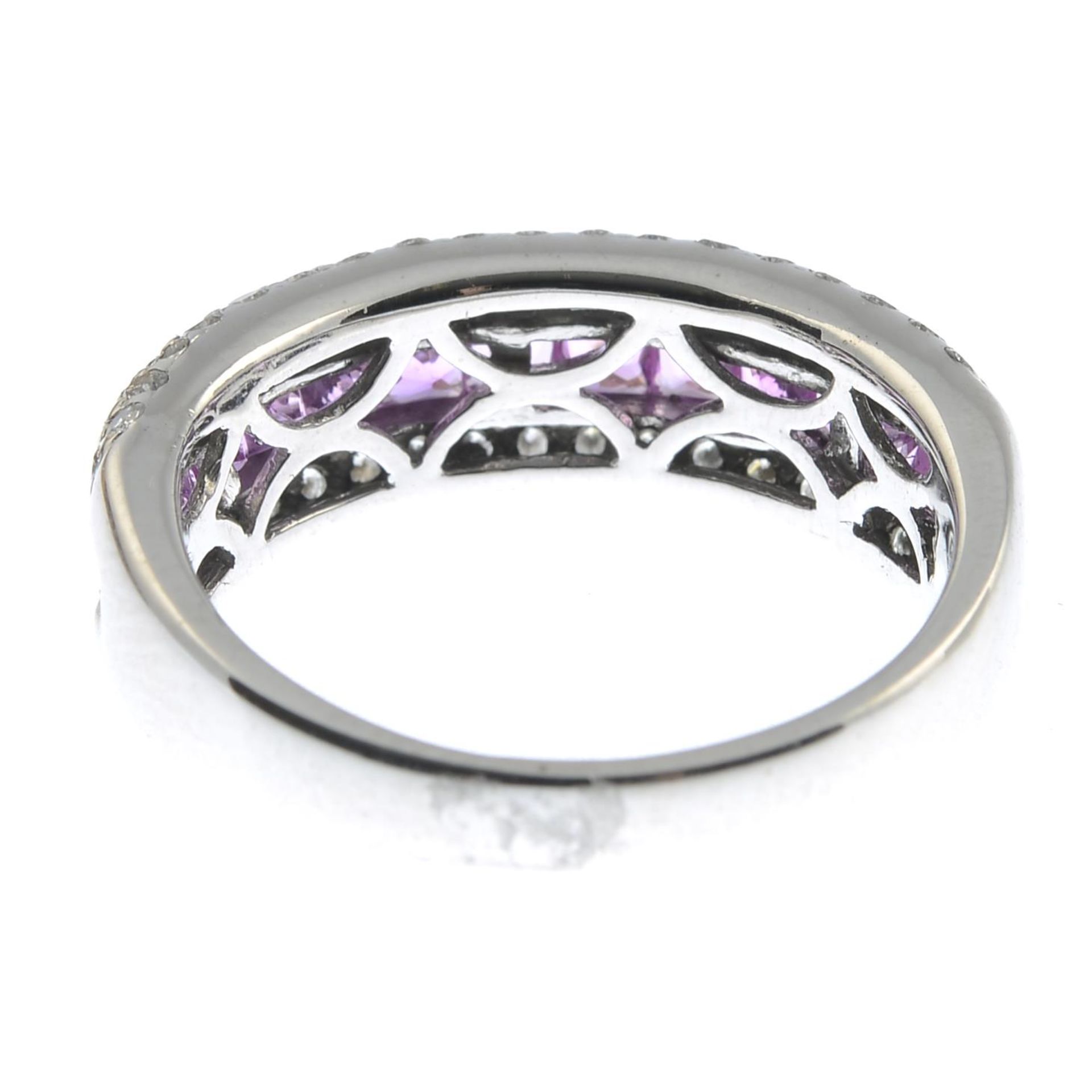 An 18ct gold square-shape pink sapphire half eternity ring, with pave-set diamond sides. - Image 2 of 5