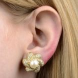 A pair of 18ct gold cultured pearl and pave-set diamond earrings.Estimated total diamond weight