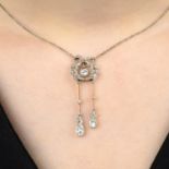 An early 20th century Belle Époque platinum and gold, diamond negligee pendant, on chain.
