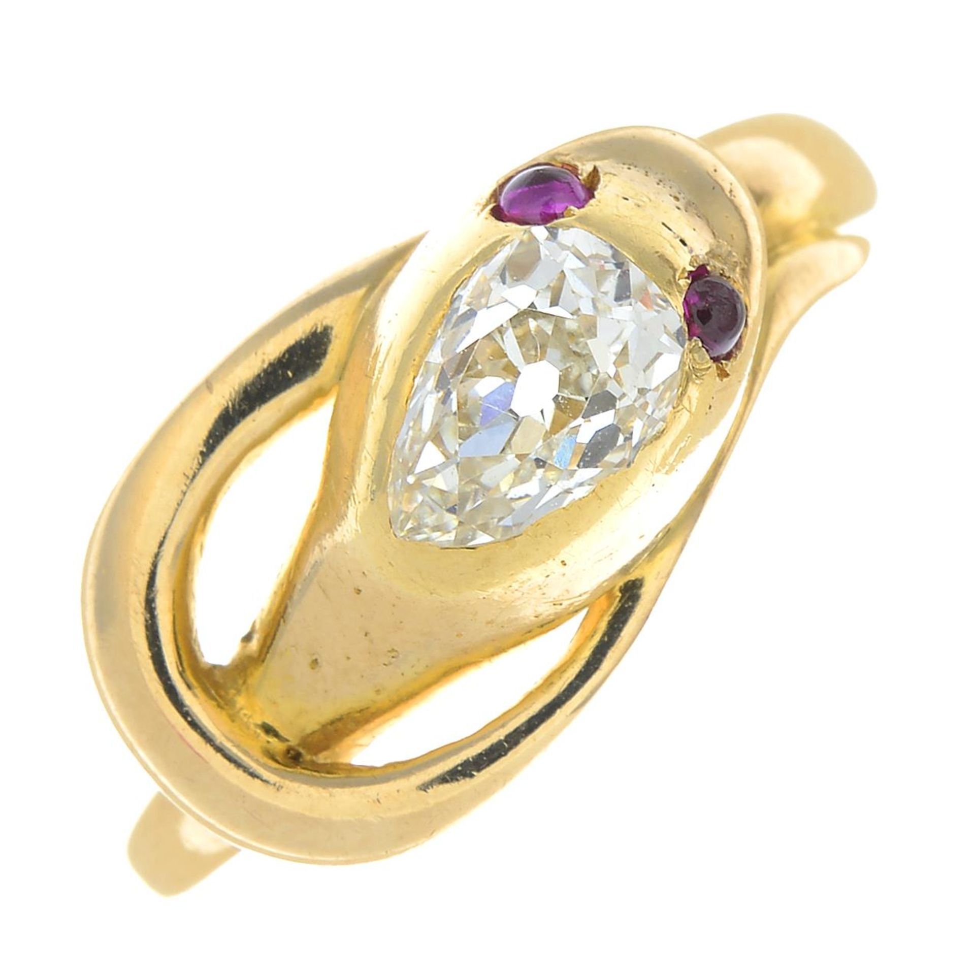 A late Victorian gold diamond and ruby snake ring.Estimated diamond weight 0.65ct, - Bild 4 aus 5