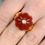 An 18ct gold diamond and carved carnelian floral dress ring.Hallmarks for London, 2015.