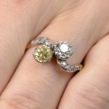 An early 20th century 18ct gold and white metal old-cut diamond and 'yellow' diamond two-stone