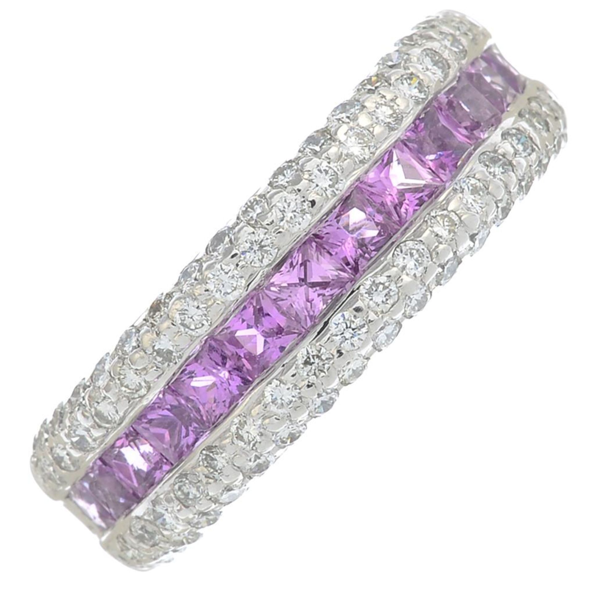 An 18ct gold square-shape pink sapphire half eternity ring, with pave-set diamond sides. - Image 4 of 5