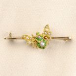 A late Victorian 15ct gold demantoid garnet and split pearl insect brooch,