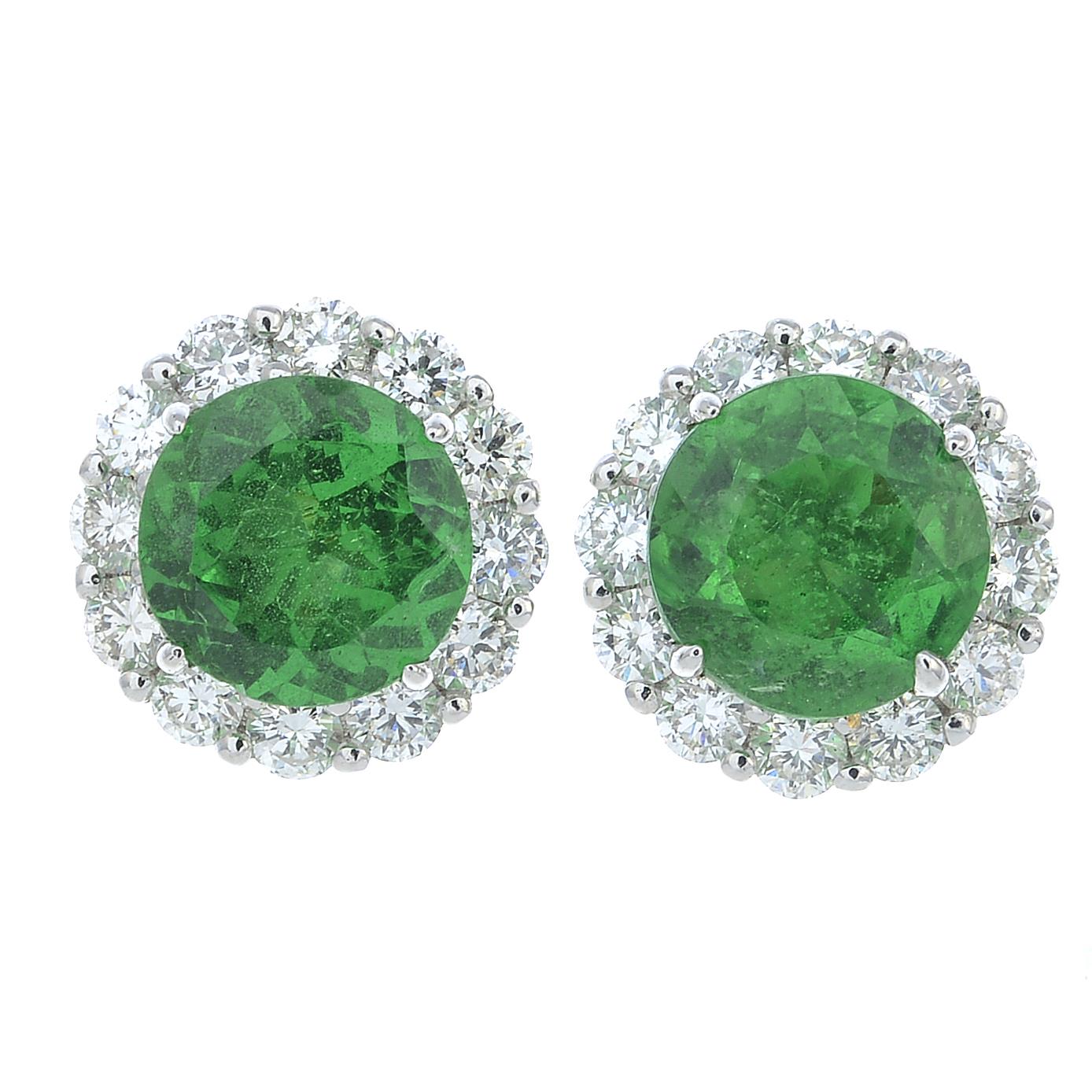 A pair of green garnet and brilliant-cut diamond cluster earrings.Estimated diameter of one garnet - Image 3 of 3