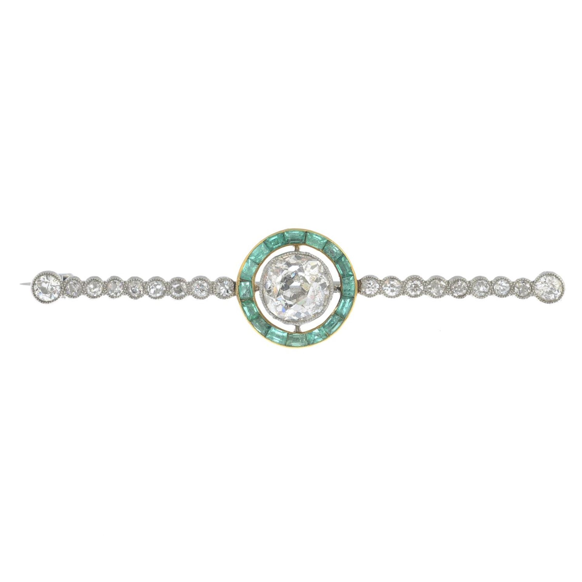 An old-cut diamond and emerald brooch.Principal diamond weight estimated 1ct, - Image 4 of 5