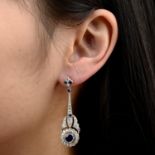 A pair of sapphire and diamond cluster drop earrings.