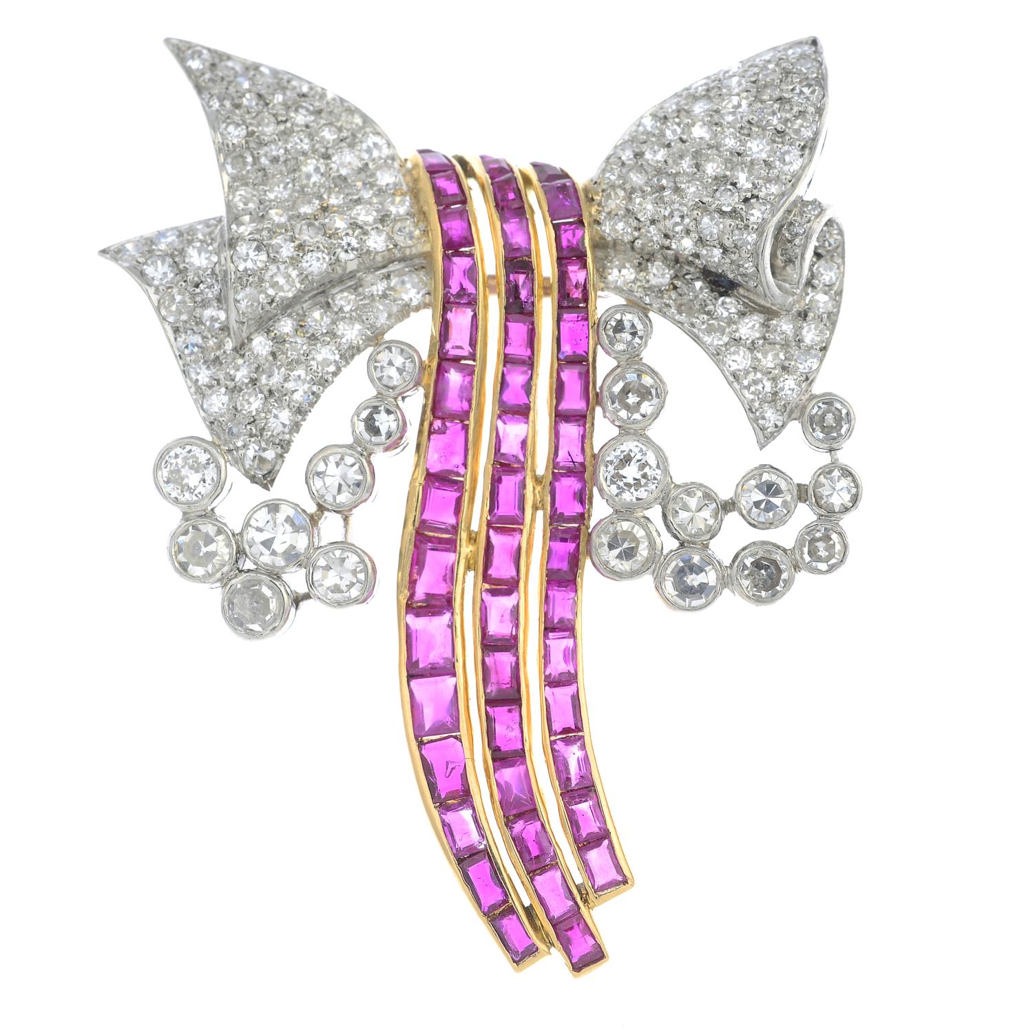 A mid 20th century platinum and 18ct gold ruby and diamond bow brooch.May be worn as a - Image 3 of 4
