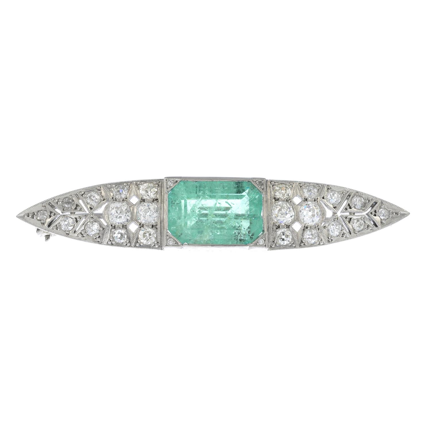 A mid 20th century 18ct gold emerald and old-cut diamond brooch.Emerald calculated weight 4.69cts, - Image 3 of 4