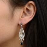 A pair of sapphire and diamond earrings.Estimated total diamond weight 1.60cts,