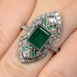 An emerald and brilliant-cut diamond geometric cluster ring.Principal emerald calculated weight