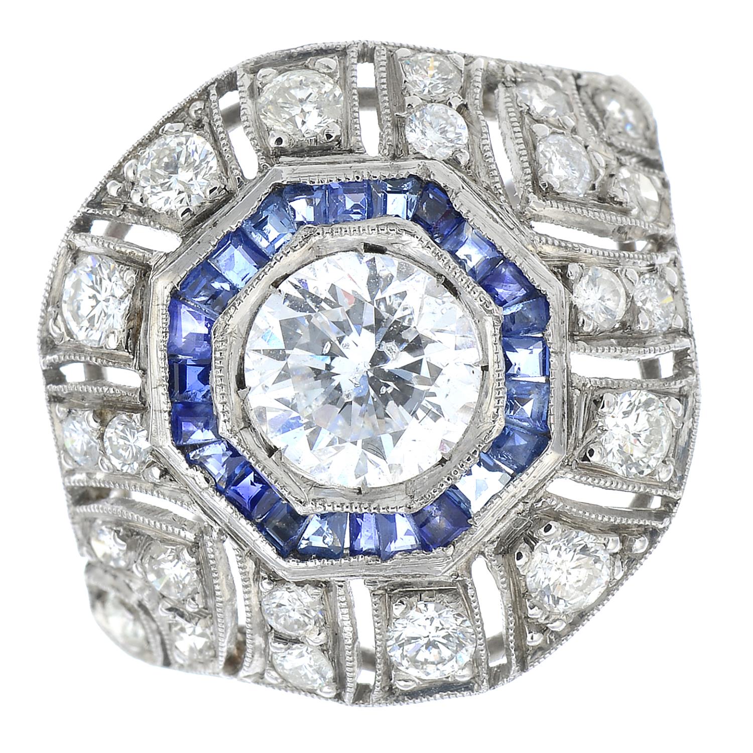 A brilliant-cut diamond and sapphire cluster ring.Principal diamond estimated 1ct, - Image 4 of 5