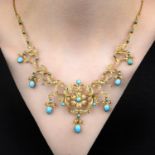An Edwardian 15ct gold split pearl and turquoise floral fringe necklace.Stamped 15ct.