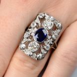 A sapphire and old-cut diamond pierced foliate dress ring.Sapphire calculated weight 1.28cts,