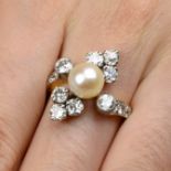 A mid 20th century pearl and old-cut diamond cluster ring.Estimated total diamond weight 1.50cts,