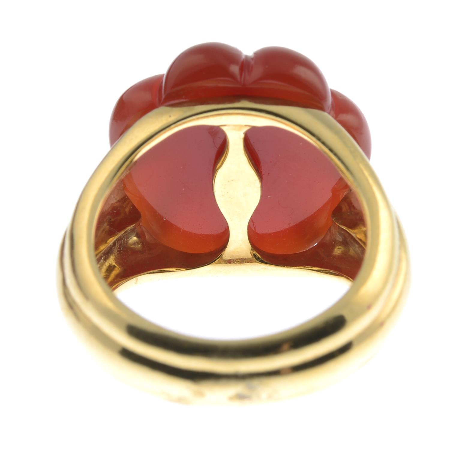 An 18ct gold diamond and carved carnelian floral dress ring.Hallmarks for London, 2015. - Image 2 of 5