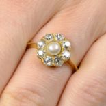 An early 20th century 18ct gold pearl and old-cut diamond floral cluster ring.Estimated total