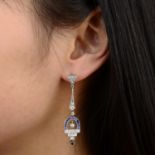 A pair of brilliant-cut diamond and calibre-cut sapphire earrings.Estimated total diamond weight