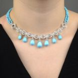 A brilliant-cut diamond and turquoise fringe necklace.Estimated total diamond weight 3cts,