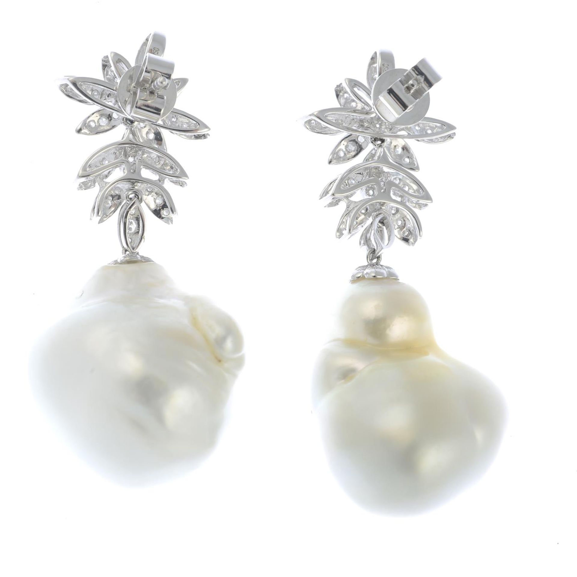 A pair of Baroque cultured pearl and brilliant-cut diamond earrings.Estimated total diamond weight - Image 2 of 3