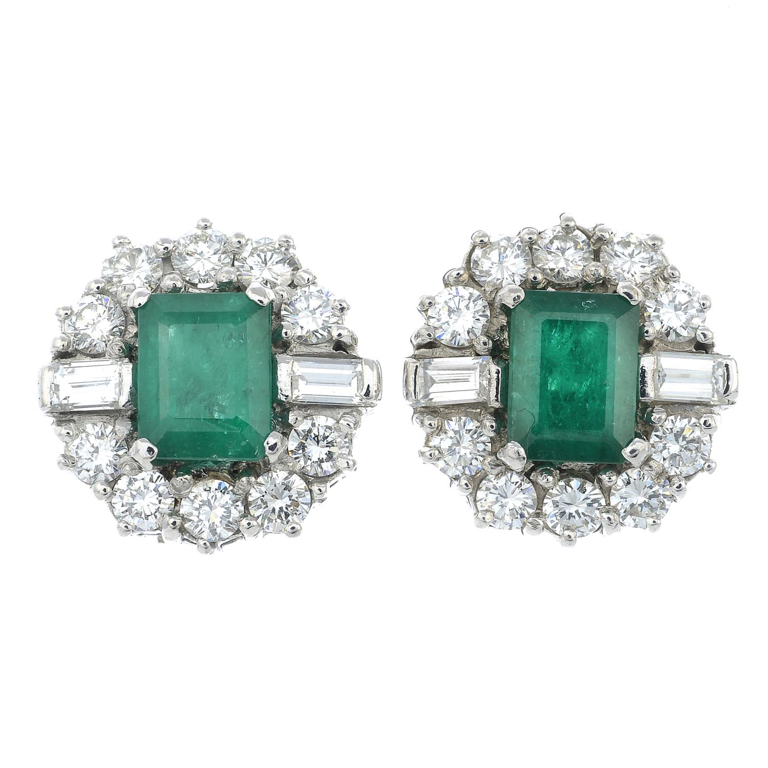 A pair of 18ct gold emerald and vari-cut diamond cluster earrings.Estimated total diamond weight - Image 3 of 3