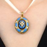 A late Victorian 18ct gold diamond, split pearl and blue enamel locket.Length 3.9cms.