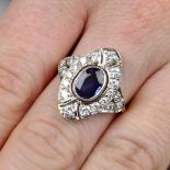 A sapphire and diamond dress ring.Sapphire calculated weight 1.16cts,