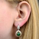 A pair of emerald cabochon and pave-set diamond earrings.Estimated total diamond weight 2cts,