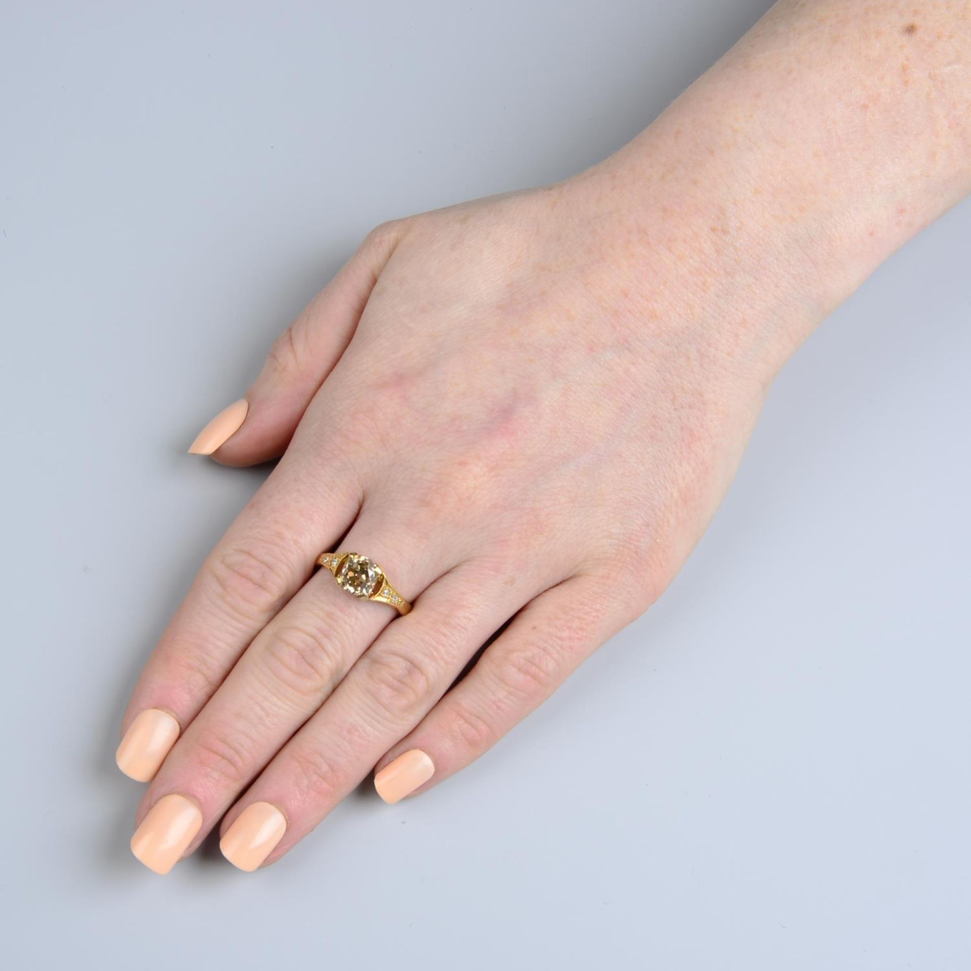 An old-cut 'brown' diamond single-stone ring, with diamond shoulders. - Image 5 of 5