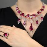 A pink tourmaline, morganite and diamond suite, comprising necklace, earrings and ring.