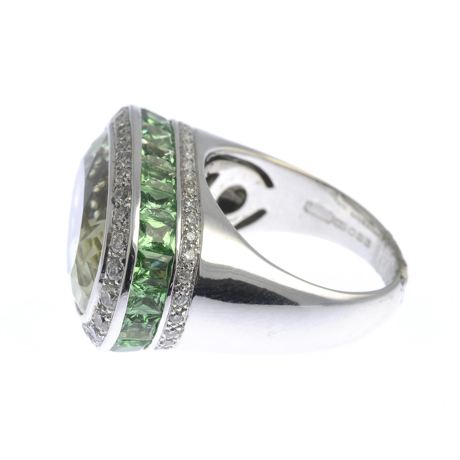 An 18ct gold prasiolite, diamond and tsavorite garnet dress ring. - Image 6 of 9