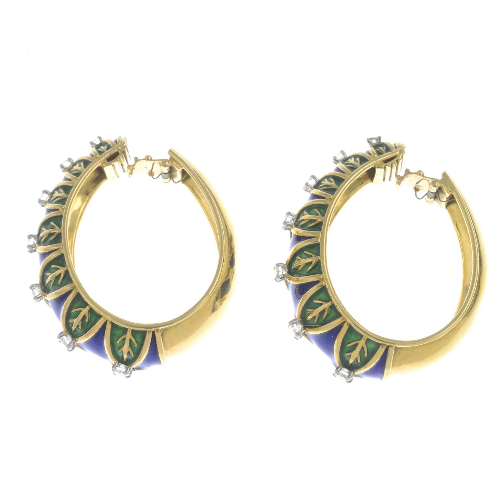 A pair of diamond and enamel hoop earrings.Estimated total diamond weight 1.50cts, - Bild 2 aus 3