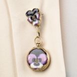 An early 20th century 14ct gold enamel and rose-cut diamond pansy fob watch,