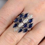 A mid 20th century 18ct gold marquise-shape sapphire and diamond cocktail ring.Estimated total
