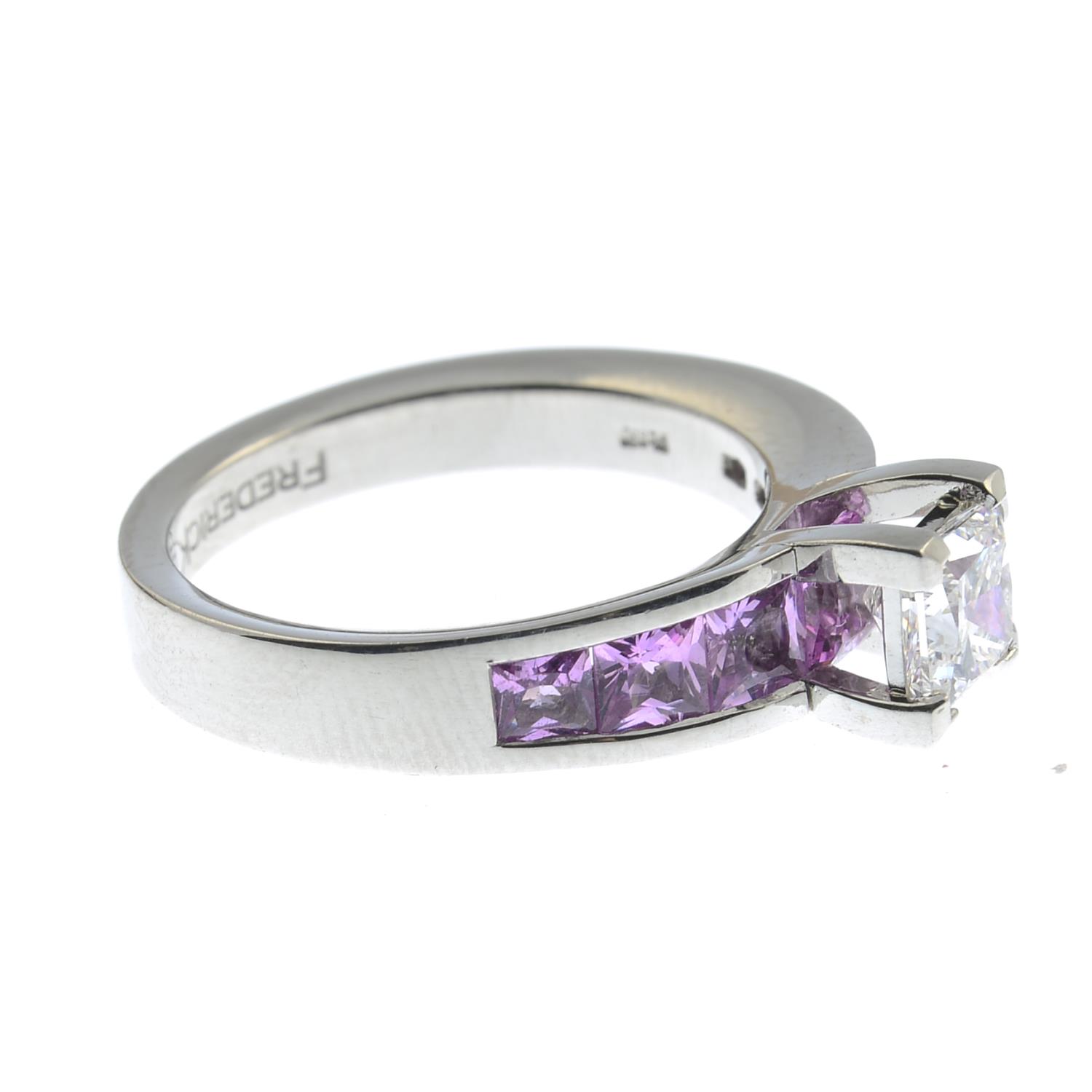 A platinum diamond single-stone ring, with square-shape pink sapphire line gallery and shoulders. - Image 3 of 5